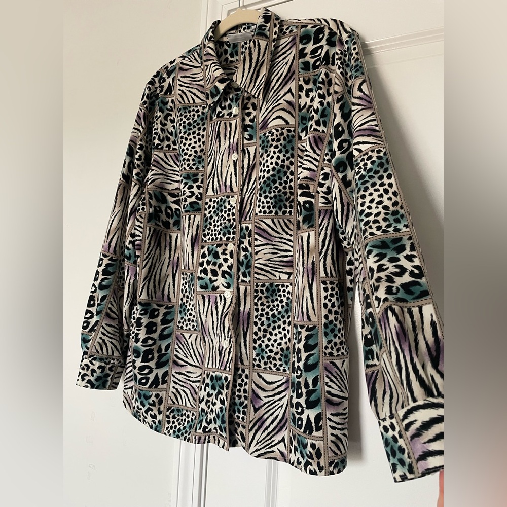 Alfred Dunner Blouse Womens 16W Patchwork Animal Print Button Up Feminine Light